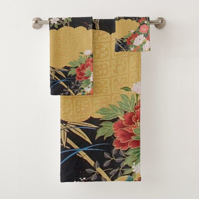 Noir et or Japonais Kimono Floral 3 pièces (En situation)