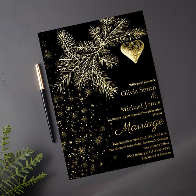 Noir et or Noël hiver Mariage Invitation (Créateur téléchargé)