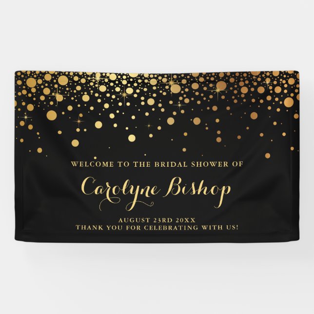 Noir | Faux Gold Confetti Bannière de la fête nupt (Horizontal)