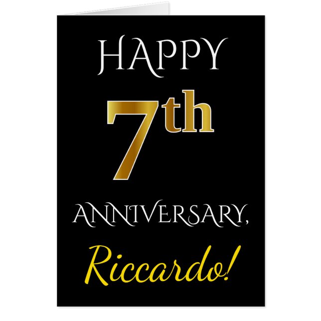 Noir, Faux Or 7ème anniversaire Mariage + Nom (Devant)