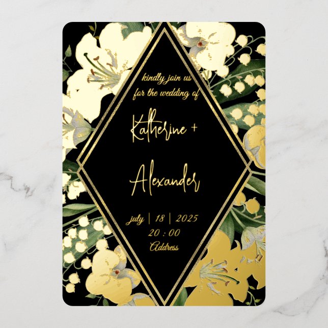 Noir floral mariage Lily Invitation classiques Or (Recto)