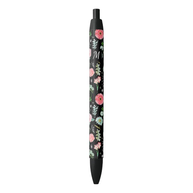 Noir Floral | Monogramme personnalisé | Stylo (devant Vertical)