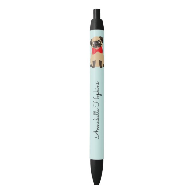 Noir Nom du Carlin Hipster mignon Stylo d'encre noire (devant Vertical)