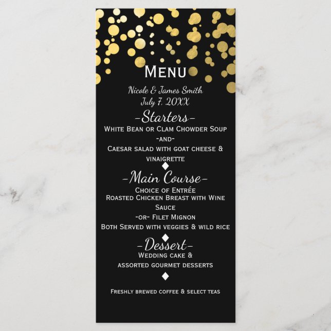 Noir & Or Confetti Dots Moderne Glamour Menu (Devant)