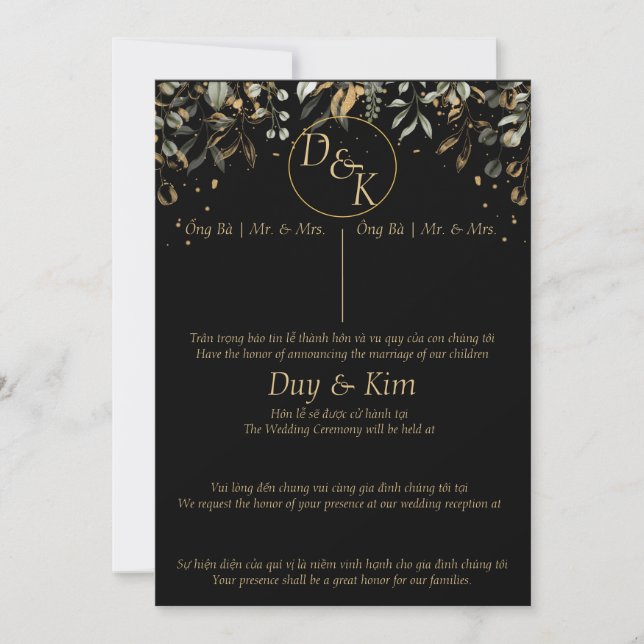Noir/Or faire-part de mariage anglais/vietnamien (Devant)