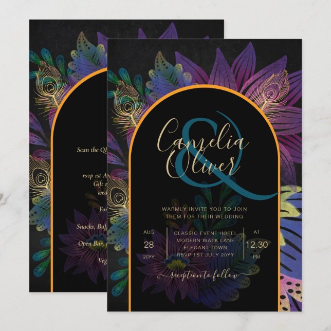 Noir Peacock Jewel Tones Floral Wedding Einladung (Vorne/Hinten)