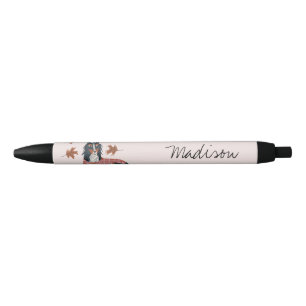 Noir Stylo à encre noire monogramme rose chien