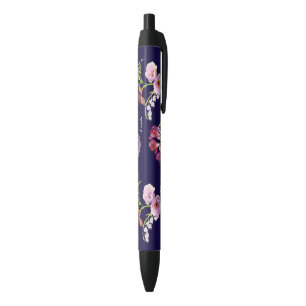 Noir Stylo Bleu Floral avec Nom