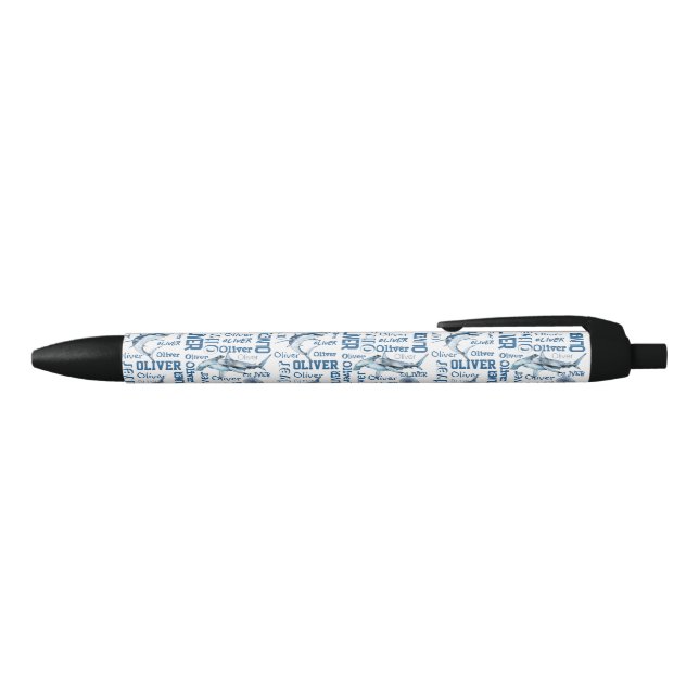 Noir Stylo de nom de garçon personnalisé avec requins (Haut)