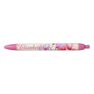 Noir Stylo personnalisé aquarelle Magnolia rose