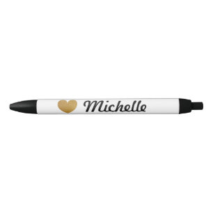 Noir Stylo personnalisé avec nom et cœur pailleté or fa