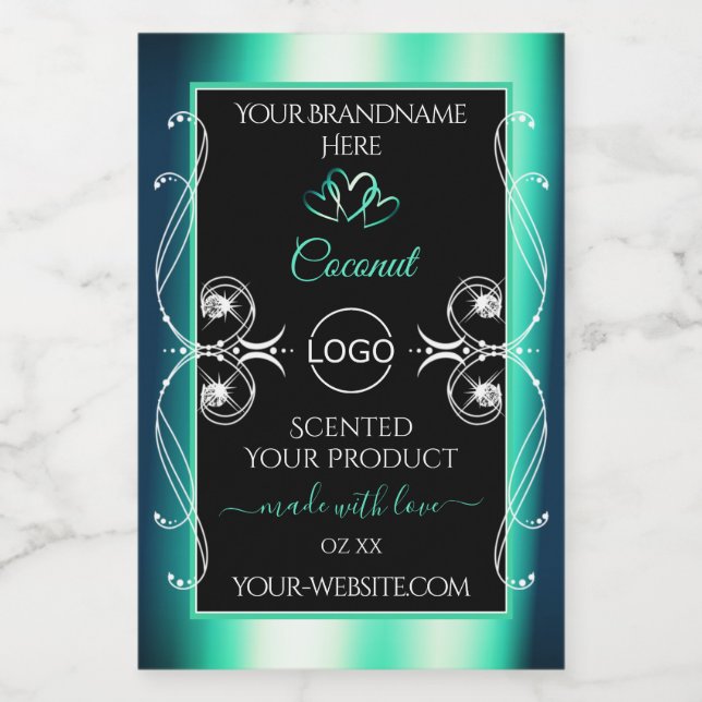 Noir Turquoise Étiquettes Diamants Coeurs et logo (Étiquettes simples)