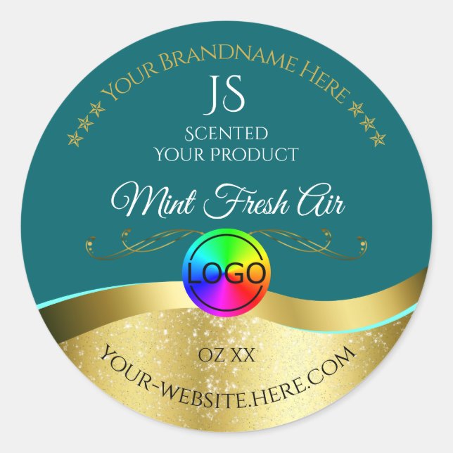Noir Turquoise Wavy Gold Logo Monogramme Étiquette (Devant)