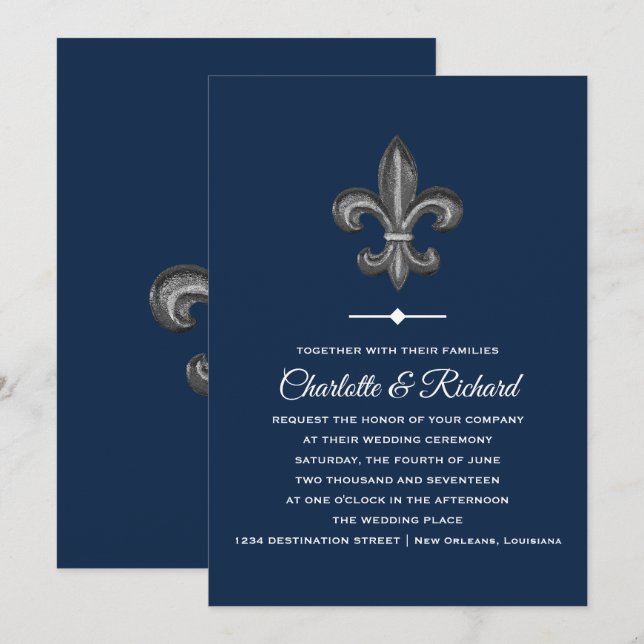 Nola-Grau u. Wedding Marine-französische Lilie Einladung (Vorne/Hinten)