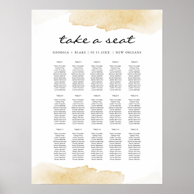 NOLA Yellow Watercolor Hochzeitstabelle Poster (Vorne)