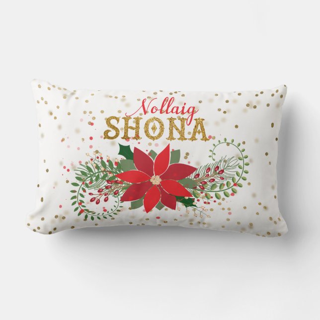 Nollaig Shona Gold Glitzer Poinsettia Weihnachten Lendenkissen (Vorderseite)