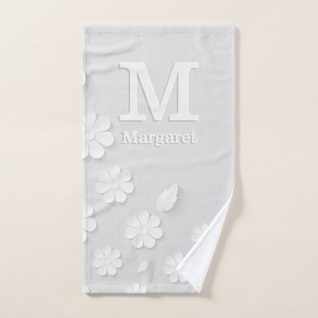 Nom à relief floral blanc initiales personnalisées (Serviette à main)