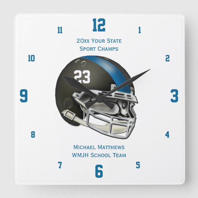 Nom bleu de casque de football et horloge d'école (Recto)