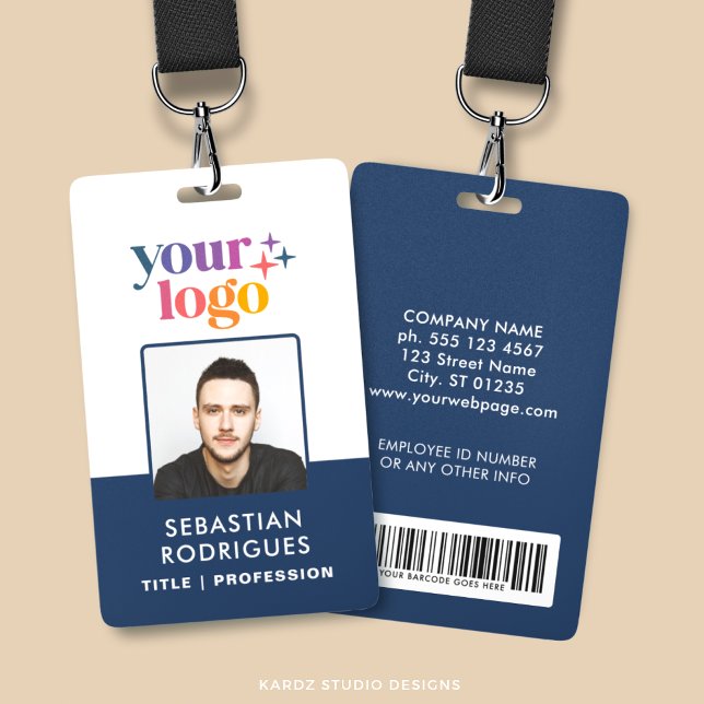 Nom bleu personnalisé Logo Photo Code-barres Badge (Personalize this double sided badge with logo, name, title, barcode and business info.)