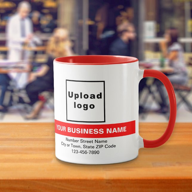 Nom commercial en surbrillance sur la Mug combo ro (Your business name with highlight, logo, address and phone number on red combo mug.)