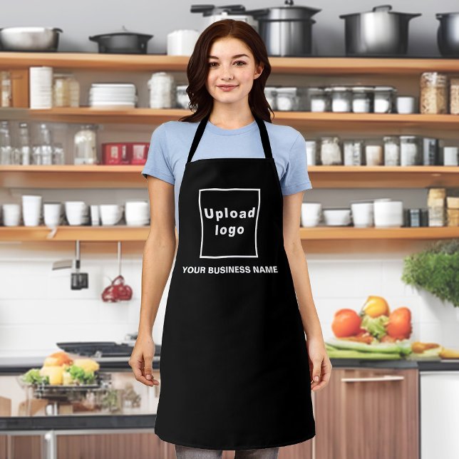 Nom commercial et logo sur tablier en polyester no (Your business name and logo on black apron.)