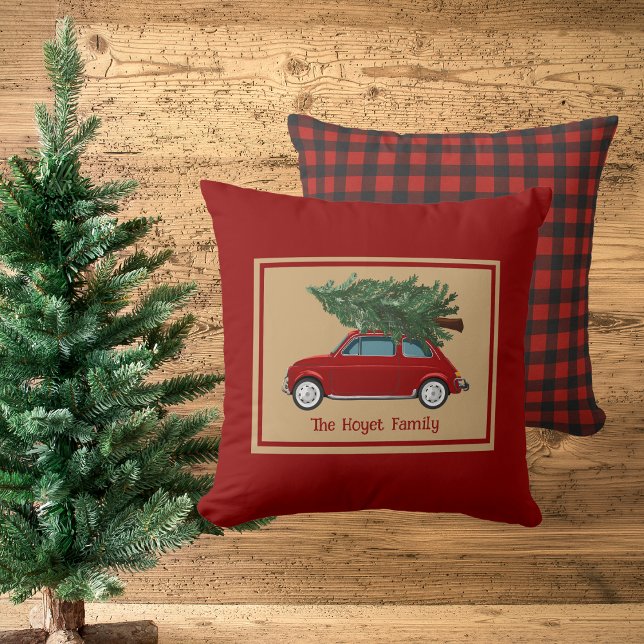 Nom de famille Noël Coussin Rustique Rouge Plaid (Rustic Christmas, Family Name, Red Throw Pillow)