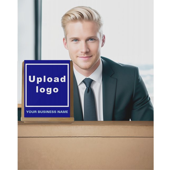 Nom de l'entreprise et logo sur le panneau acryliq (Blue acrylic sign with your business name and logo)