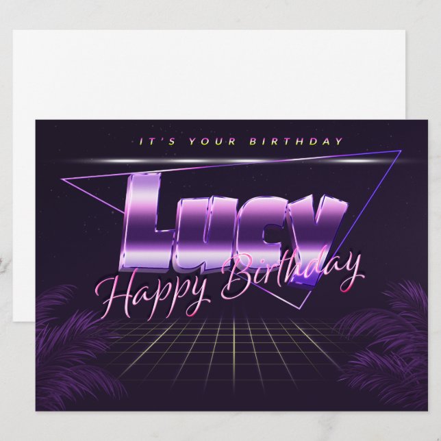 Nom de Lucy Prénom lila retro Carte Anniversaire (Devant / Derrière)