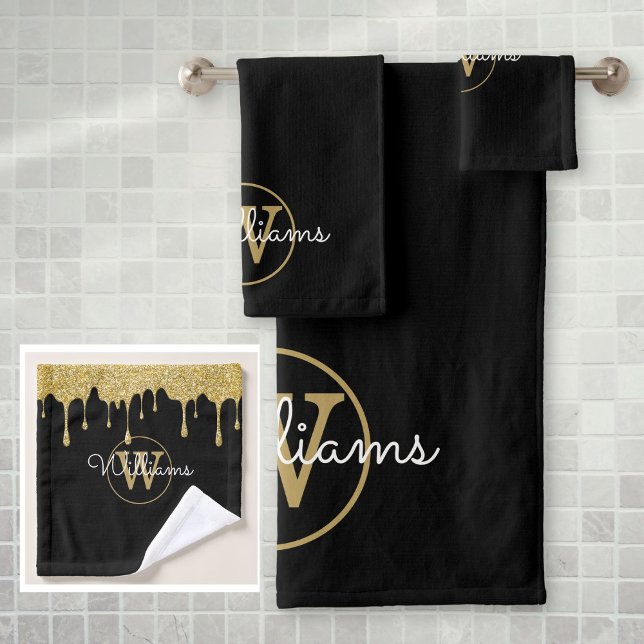 Nom de script de monogramme à gouttes de paillette (Gold Glitter Drips Monogram Script Name Bath Towel Set)