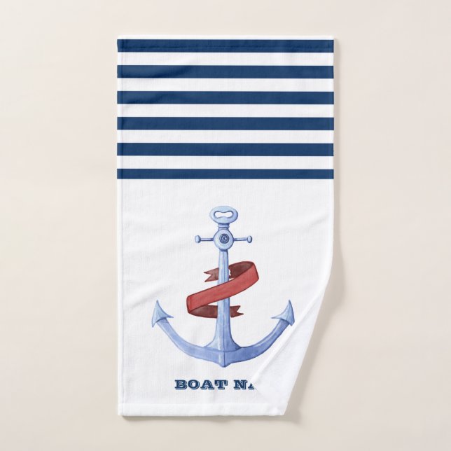 Nom du bateau, Ancre bleue Marine Bleu Blanc rayé (Serviette à main)