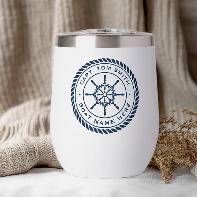 Nom du bateau du capitaine sur mesure roue du navi (Custom captain boat name nautical ship's wheel thermal wine tumbler)