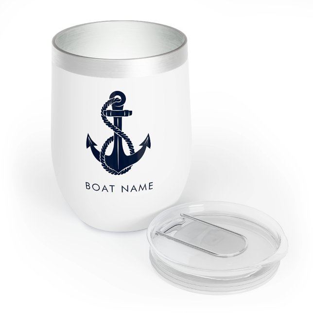 Nom du bateau nautique personnalisé Marine Ancre b (Custom Nautical Boat Name Navy Blue Anchor Thermal Wine Tumbler)