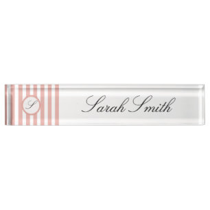 Nom du bureau Monogramme Plaque rose blanc rayé