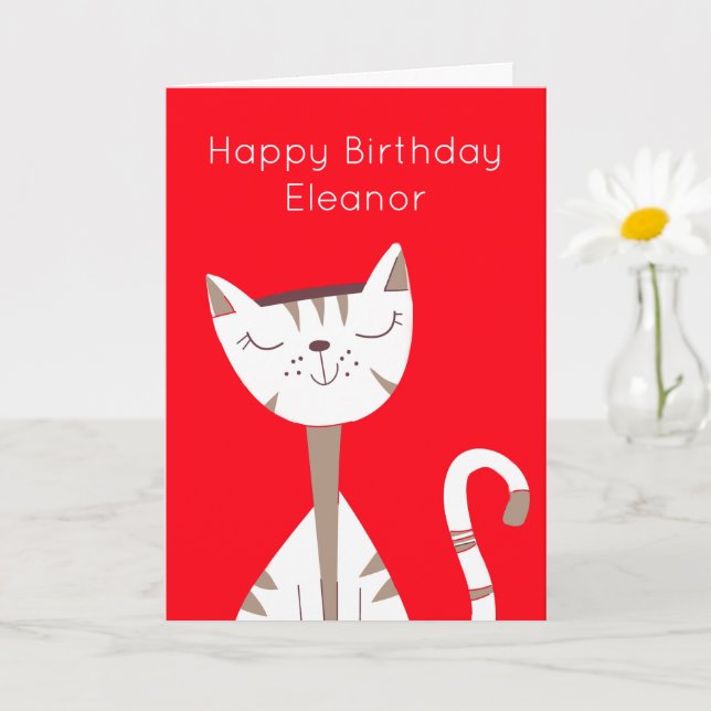 Nom du chat souriant joyeux Rouge Carte d'annivers (Petite plante)