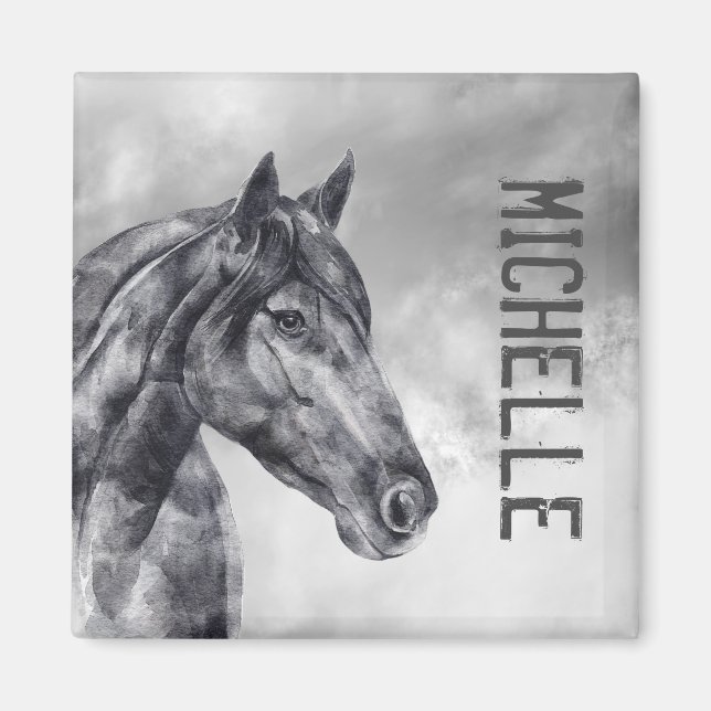 Nom du cheval blanc noir moderne Aquarelle Magnet (Devant)