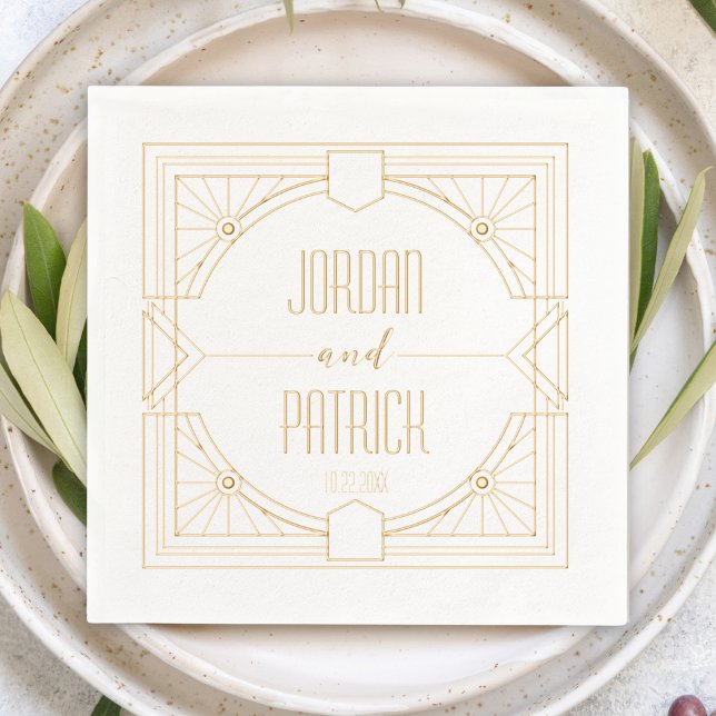 Nom du couple géométrique Art Déco PersonnaliséMar (art deco 1920s modern personalized custom wedding cocktail napkins couple's name & wedding date )