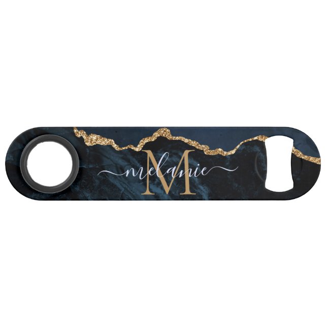 Nom du monogramme Agate Marine Bleu Bleu Marbre Ba (Devant (Horizontal))
