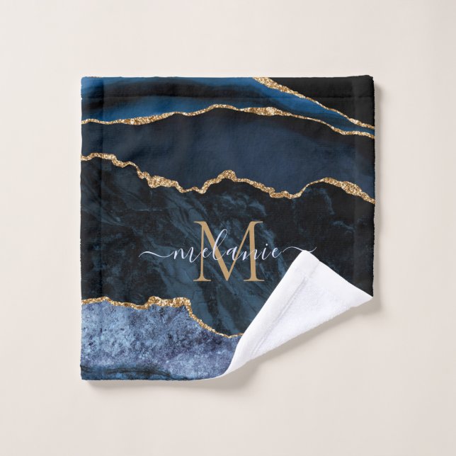 Nom du monogramme Agate Marine Bleu Gold Gemstone  (Gant de toilette)