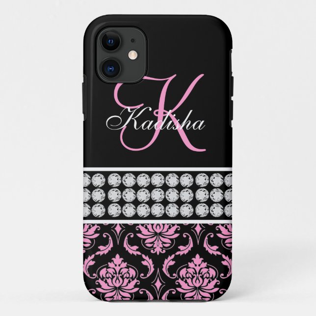 Nom du monogramme Black Pink Damask iPhone 5 Coque (Dos)
