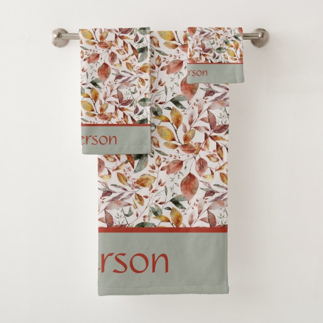 Nom du monogramme Feuilles automnales Vert Orange  (En situation)