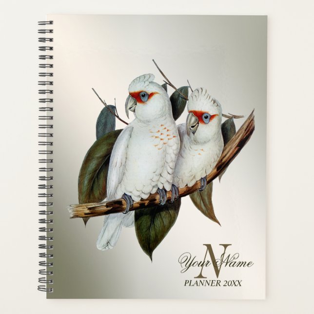 Nom du monogramme Oiseaux blancs Cockatoo Feuilles (Devant)