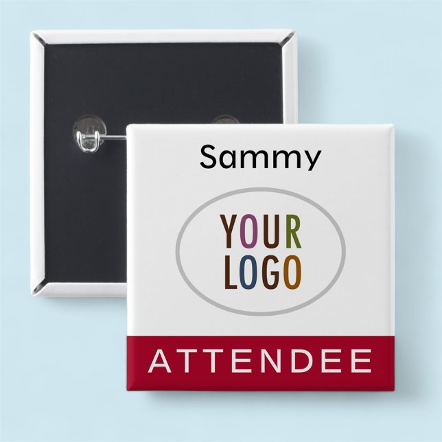 Nom du participant Badge avec logo Carré rouge fon (MISOOK Attendee Dark Red Name Button with Logo)