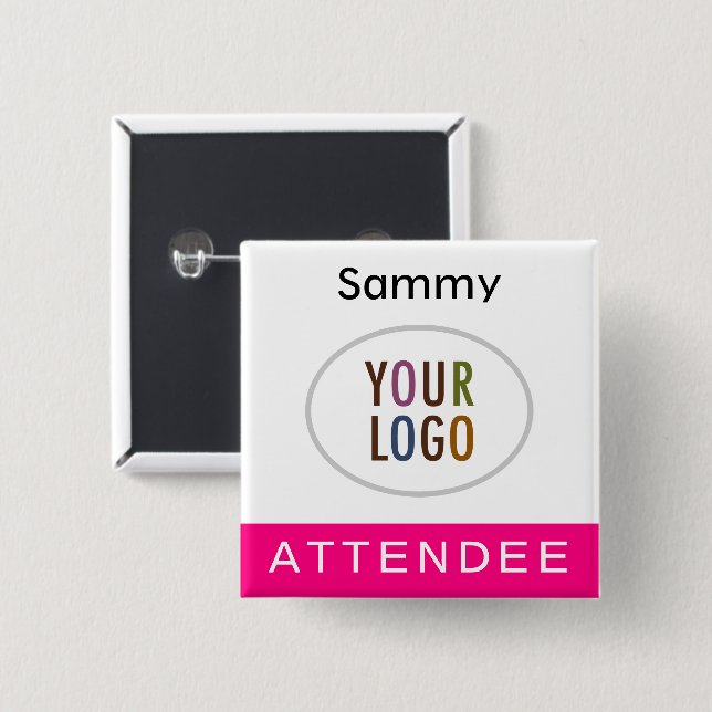 Nom du participant rose chaud Badge Logo Carré Pin (Devant & derrière)