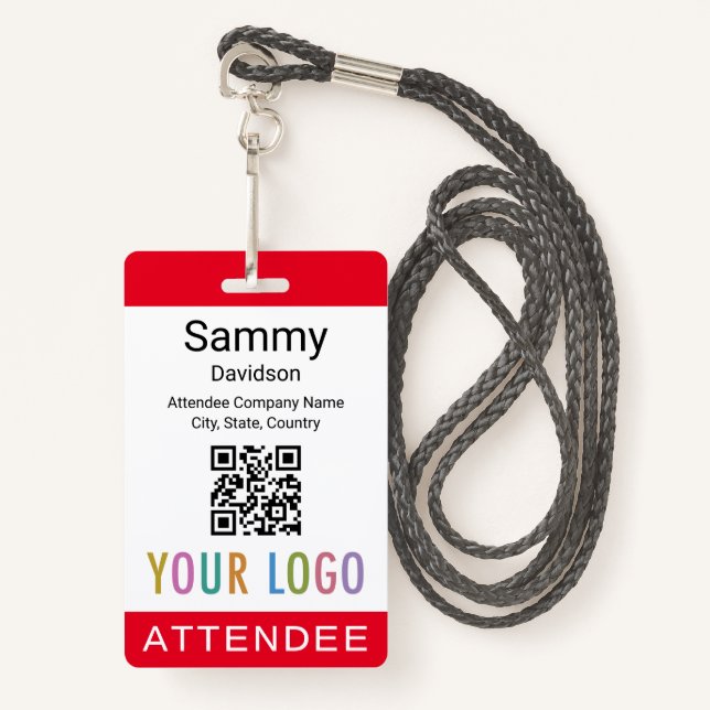 Nom du participant rouge Badge Événement Invité QR (Devant avec lanière)