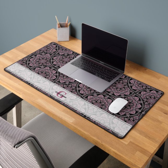 Nom personnalisé 1920s Dusky Rose Floral Fronds Ma (Bureau 2)