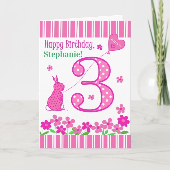 Nom personnalisé 3e anniversaire avec carte lapin  (Devant)