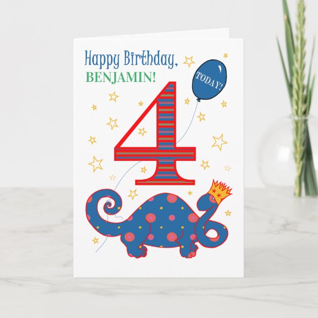 Nom personnalisé 4e anniversaire avec carte Dinosa (Devant)