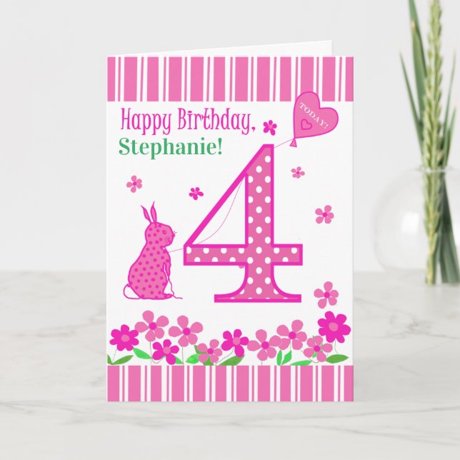 Nom personnalisé 4e anniversaire avec carte lapin  (Devant)