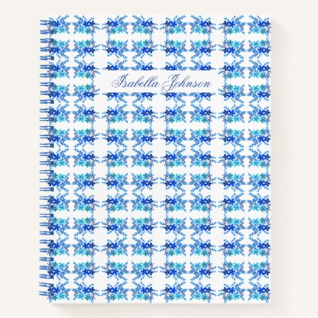 Nom personnalisé Aquarelle Bleu Carnet Floral (Devant)