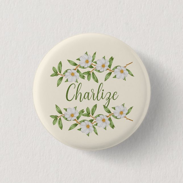 Nom personnalisé Badge Pin Fleurs blanches Filles  (Devant)